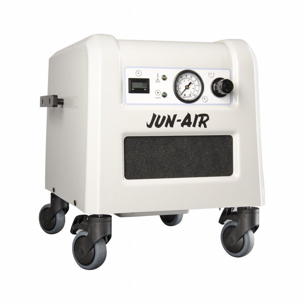 JUN-AIR Electric Air Compressor: Enclosed, Oil Free, 1/2 hp, 2.5 cfm, 116 psi Max Op Pressure (MPN 1770008). Key specifications — attr50806: 120V AC; attr50800: 2.5 cfm; attr100072: No Air Dryer; attr50788: JUN-AIR.