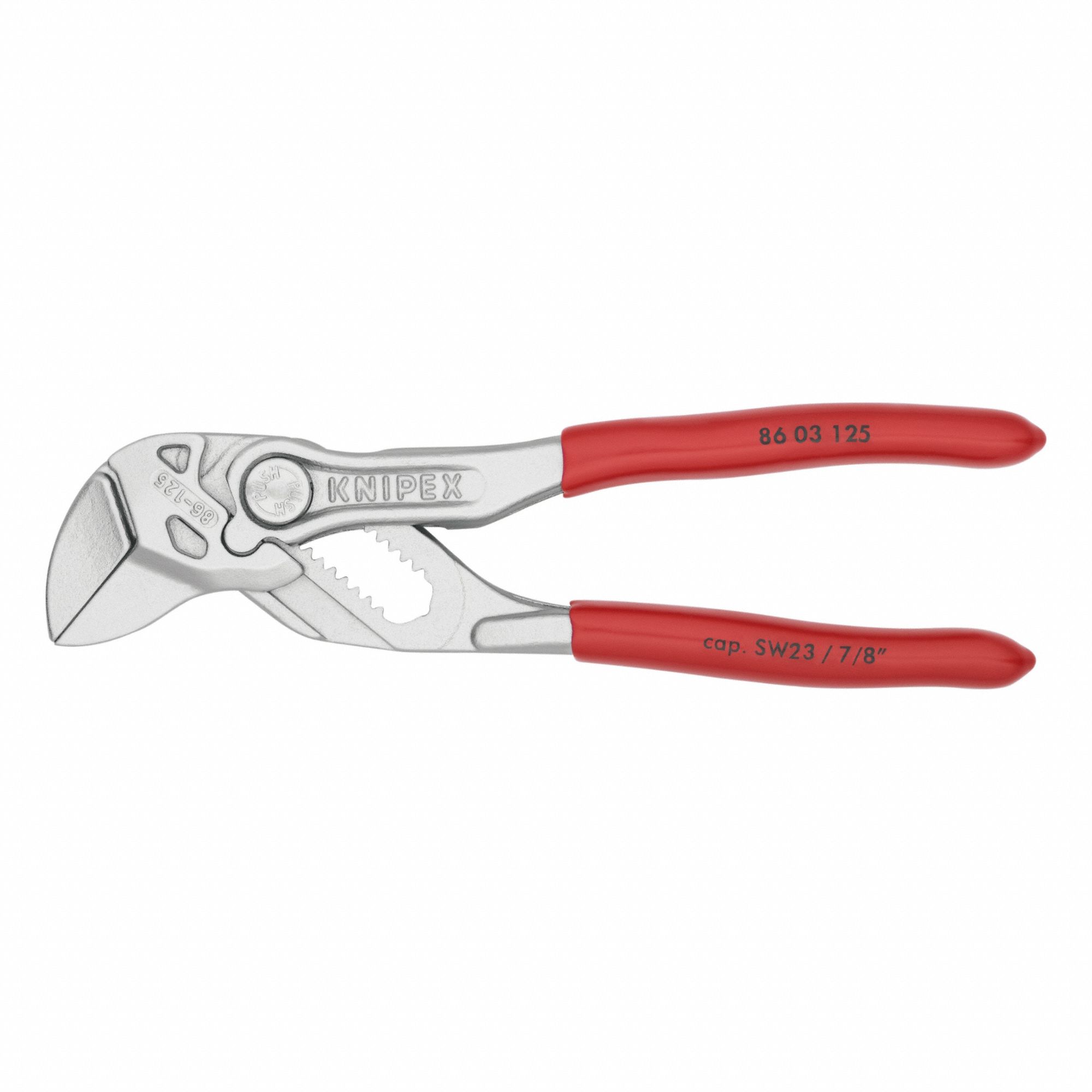 Plier Wrench: Flat, Push Button, 7/8 in Max Jaw Opening, 5 in Overall Lg, 11 Jaw Positions, Smooth
