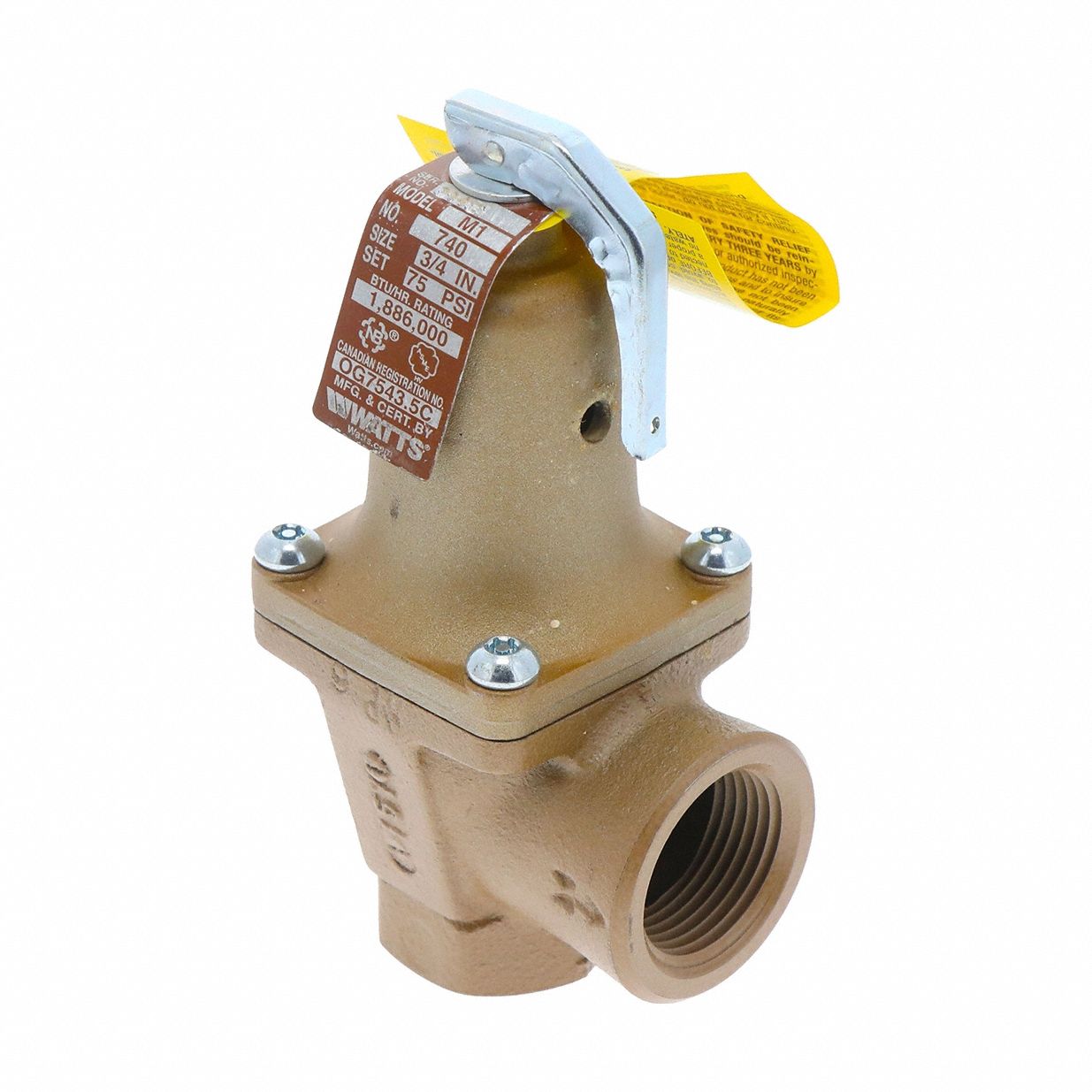 Pressure Relief Valve: FNPTF x FNPTF, 3/4 in x 1 in, Iron, 75 psi Max. Op Pressure