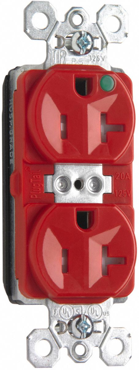 PASS & SEYMOUR Receptacle: Hospital Grade, Duplex, 5-20R, Red, 125V AC, 20 A, 2 Pole / 3 Wire (MPN PTTR8300RED). Key specifications — attr1367147: PASS & SEYMOUR.