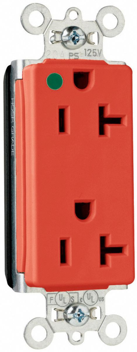 PASS & SEYMOUR Receptacle: Hospital Grade, Decorator Duplex, 5-20R, Red, 125V AC, 20 A (MPN PT26362HGRED). Key specifications — attr1367147: PASS & SEYMOUR.
