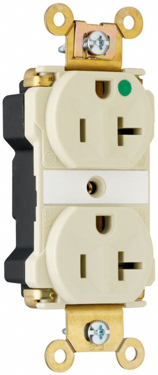 PASS & SEYMOUR Receptacle: Hospital Grade, Duplex, 5-20R, Ivory, 125V AC, 20 A, 2 Pole / 3 Wire (MPN PT8300I). Key specifications — attr1367147: PASS & SEYMOUR.
