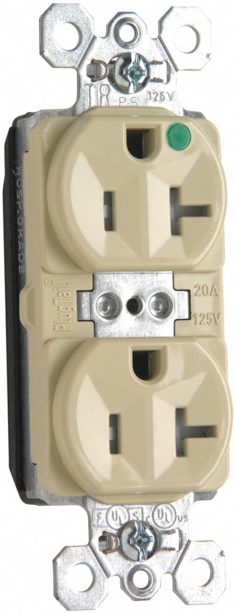 PASS & SEYMOUR Receptacle: Hospital Grade, Duplex, 5-20R, Ivory, 125V AC, 20 A, 2 Pole / 3 Wire (MPN PTTR8300I). Key specifications — attr1367147: PASS & SEYMOUR.