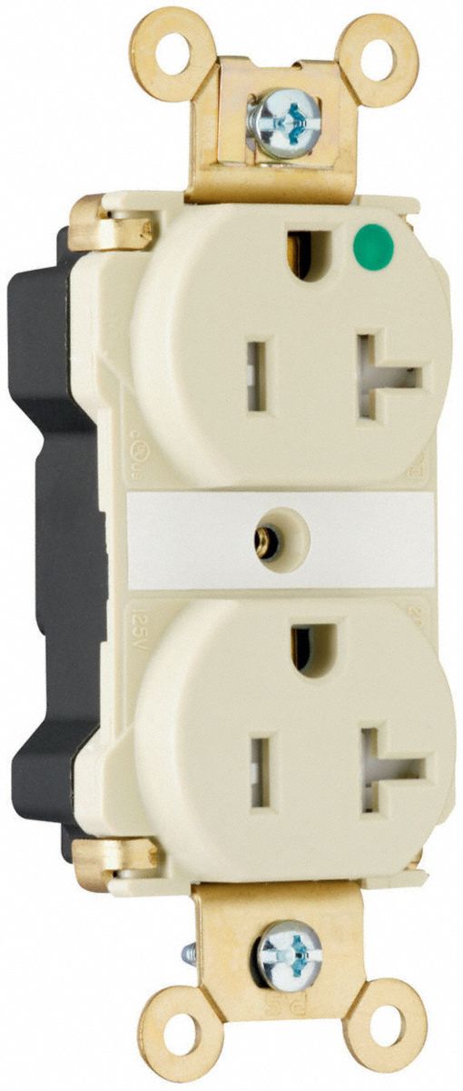 PASS & SEYMOUR Receptacle: Hospital Grade, Duplex, 5-20R, Ivory, 125V AC, 20 A, 2 Pole / 3 Wire (MPN PTTR63HI). Key specifications — attr1367147: PASS & SEYMOUR.
