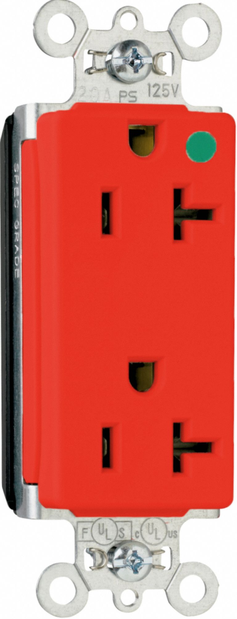 PASS & SEYMOUR Receptacle: Hospital Grade, Decorator Duplex, 5-20R, Red, 125V AC, 20 A (MPN PTTR26362HGRED). Key specifications — attr1367147: PASS & SEYMOUR.