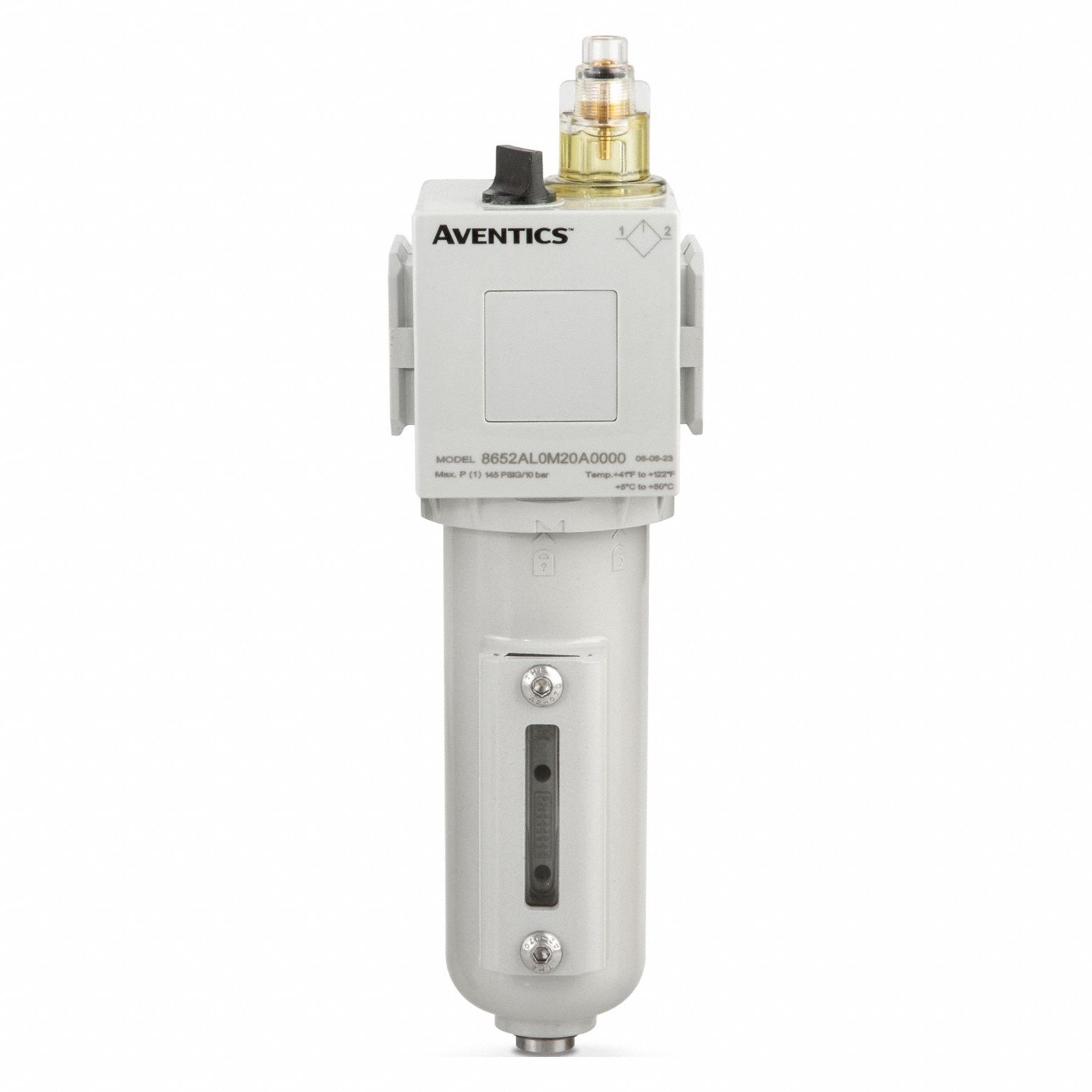 Lubricator: 1/2 in NPTF, 178.5 scfm, 145 psig Max Op Pressure, 122°F Max Op Temp, Aluminum