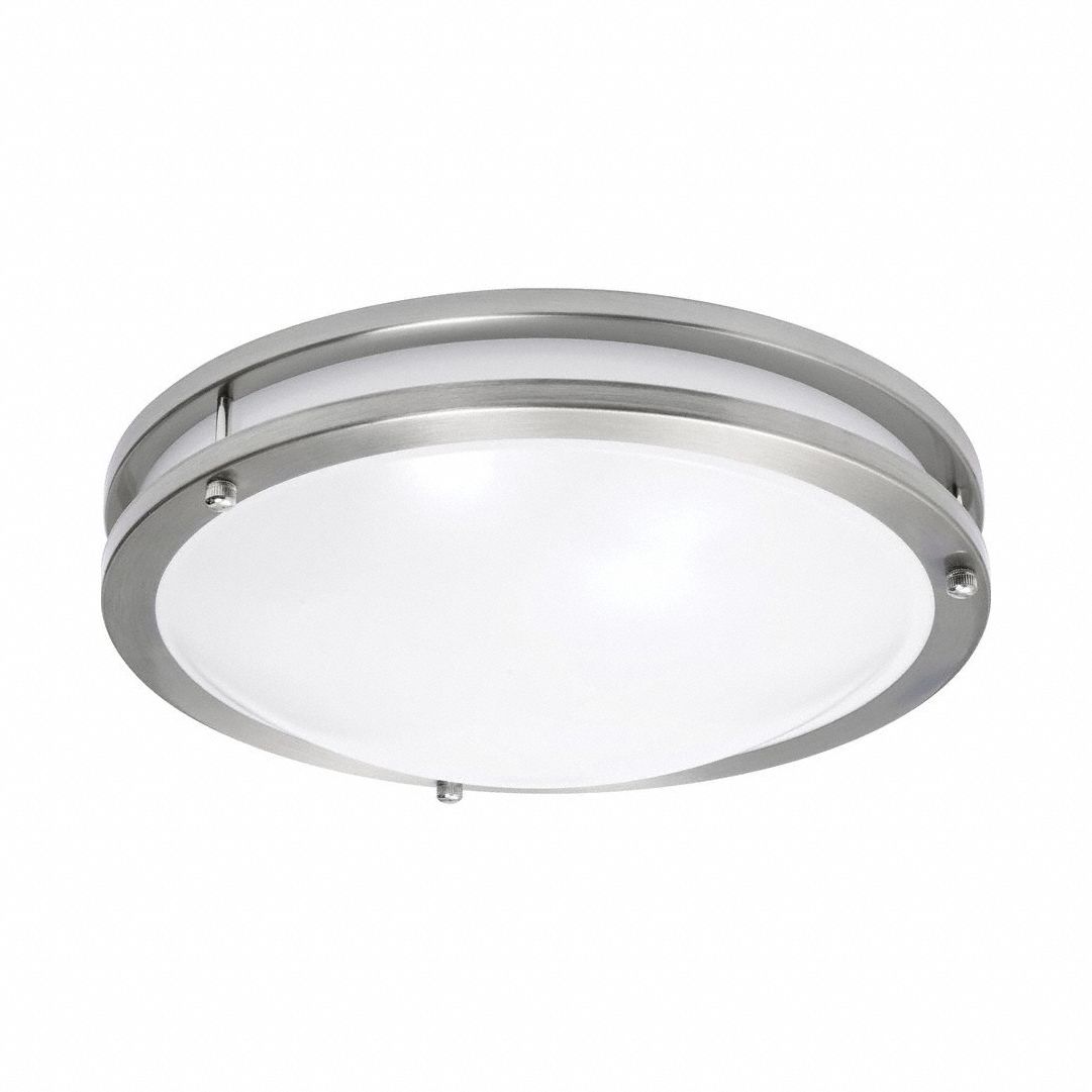 Light fixture: 12 in Dia, Satin Nickel, 3 1/2 in Ht, 1, 200 lm, 2700K/3000K/3500K/4000K/5000K, 13 W