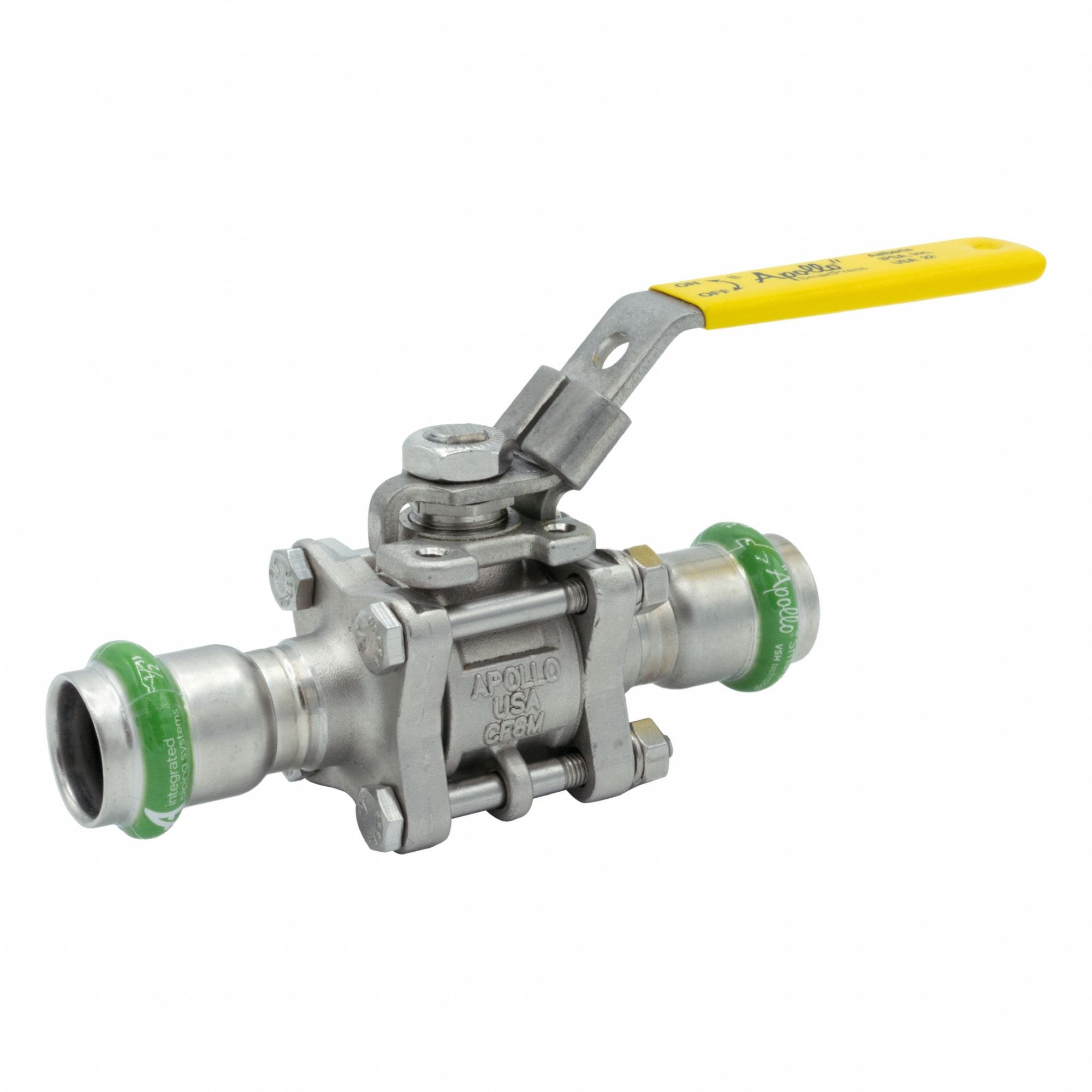 Ball Valve: 1 1/2 in, Stainless Steel, Straight Valve Body, Press x Press, Three-Piece, Lever