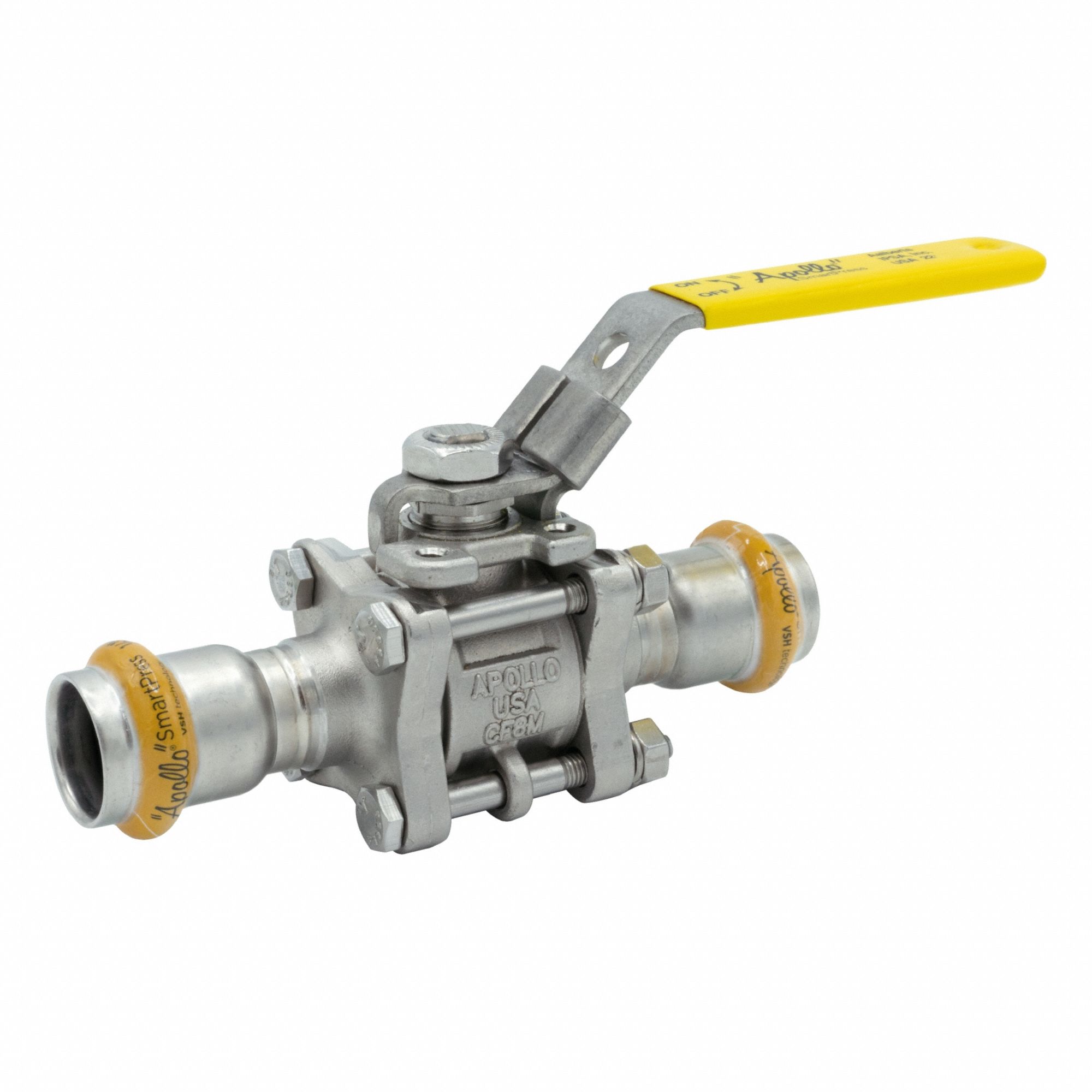 Ball Valve: 1 1/2 in, Stainless Steel, Straight Valve Body, Press x Press, Three-Piece, Lever