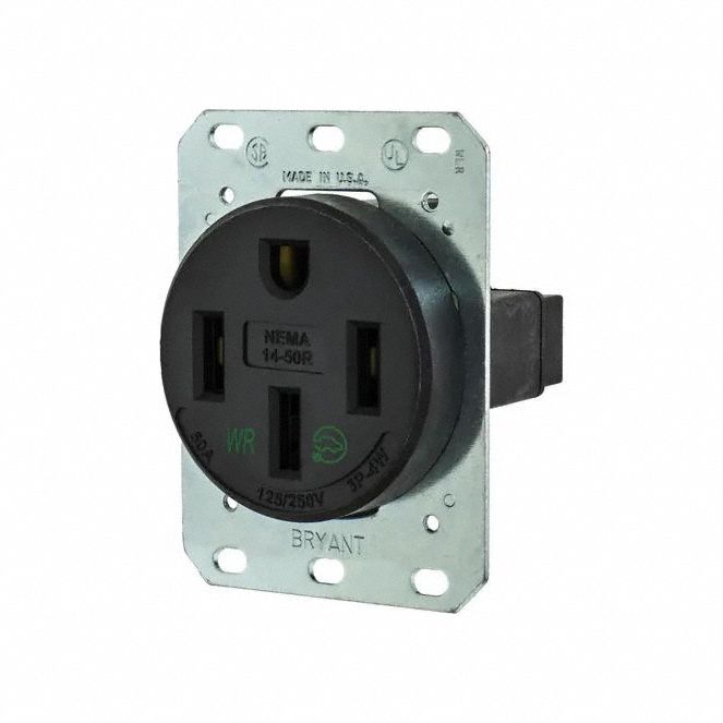 PRISE, SIMPLE, 3 PÔLES/4 FILS, THERMOPLASTIQUE, 125/250 V CA, 50 A, BORNES À VIS, 14-50R, 3 HP, NOIR