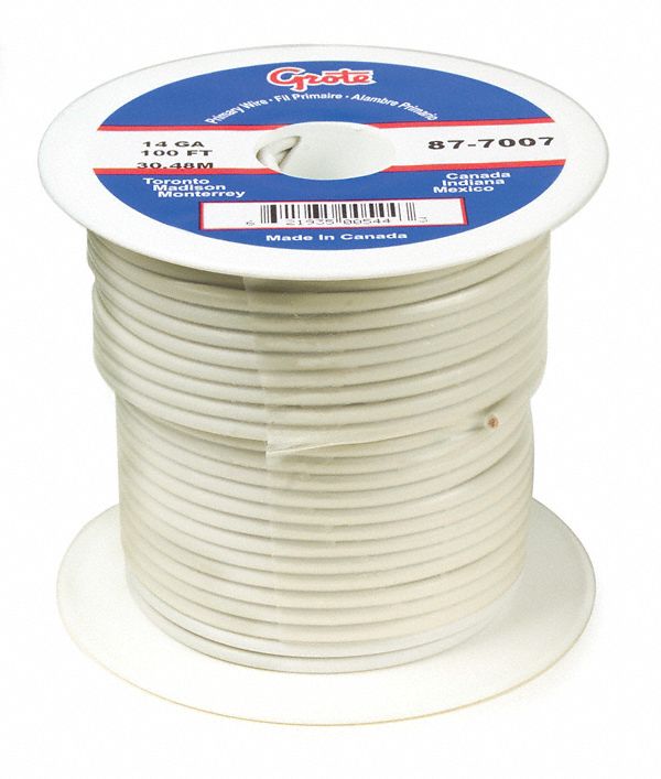 Primary Automotive Wire: GPT, 100 ft, 1 Conductor, 14 AWG, White, 60 V Volt, SAE J1128
