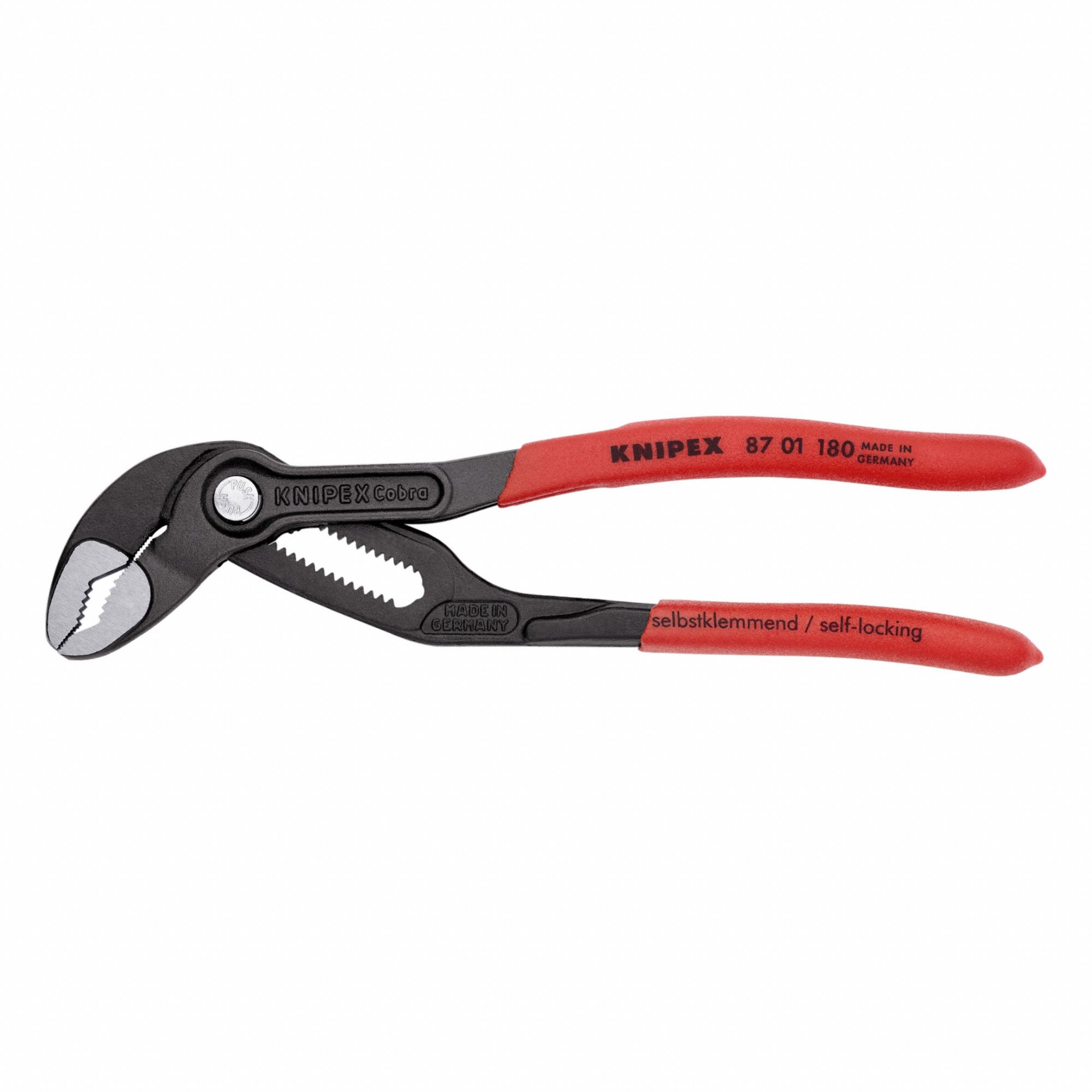 Tongue and Groove Plier: V, Push Button, 1 1/2 in Max Jaw Opening, 7 1/4 in Overall Lg, Serrated
