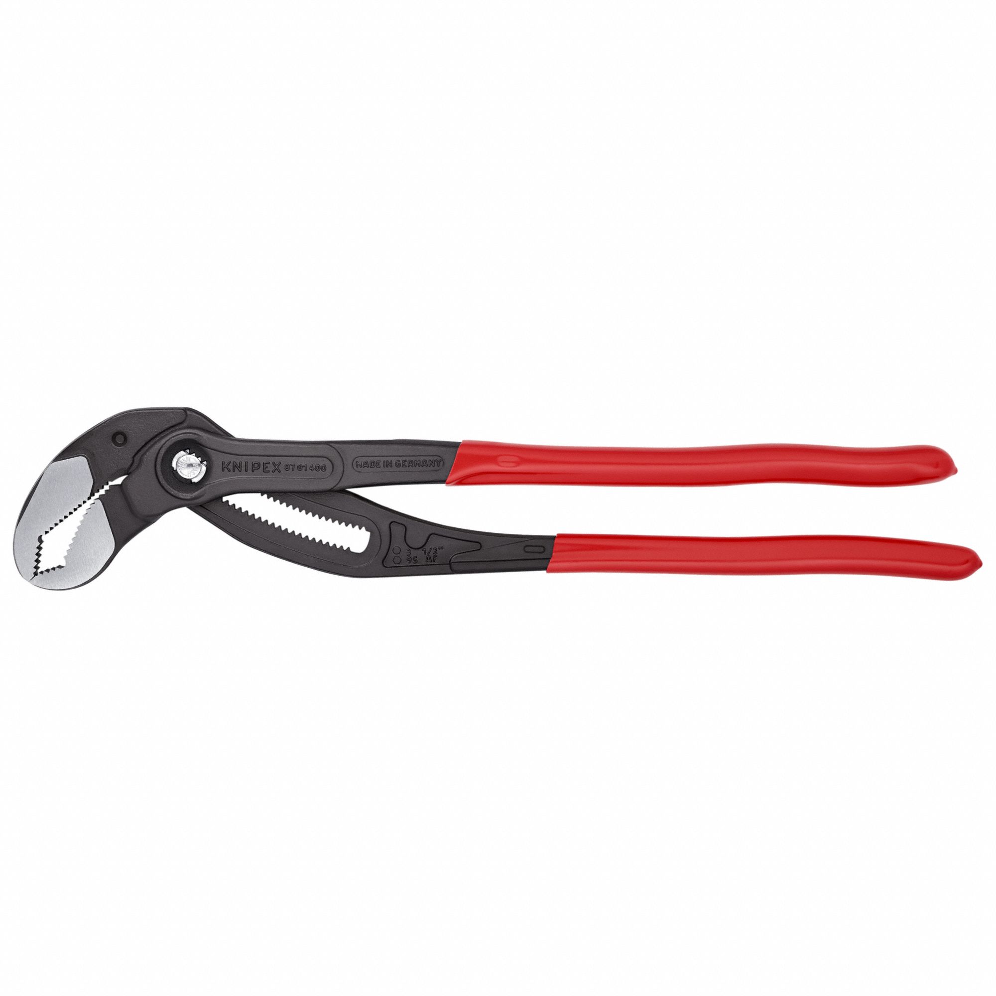 Water Pump Plier: V, Push Button, 3 1/2 in Max Jaw Opening, 16 in Overall Lg, 27 Jaw Positions