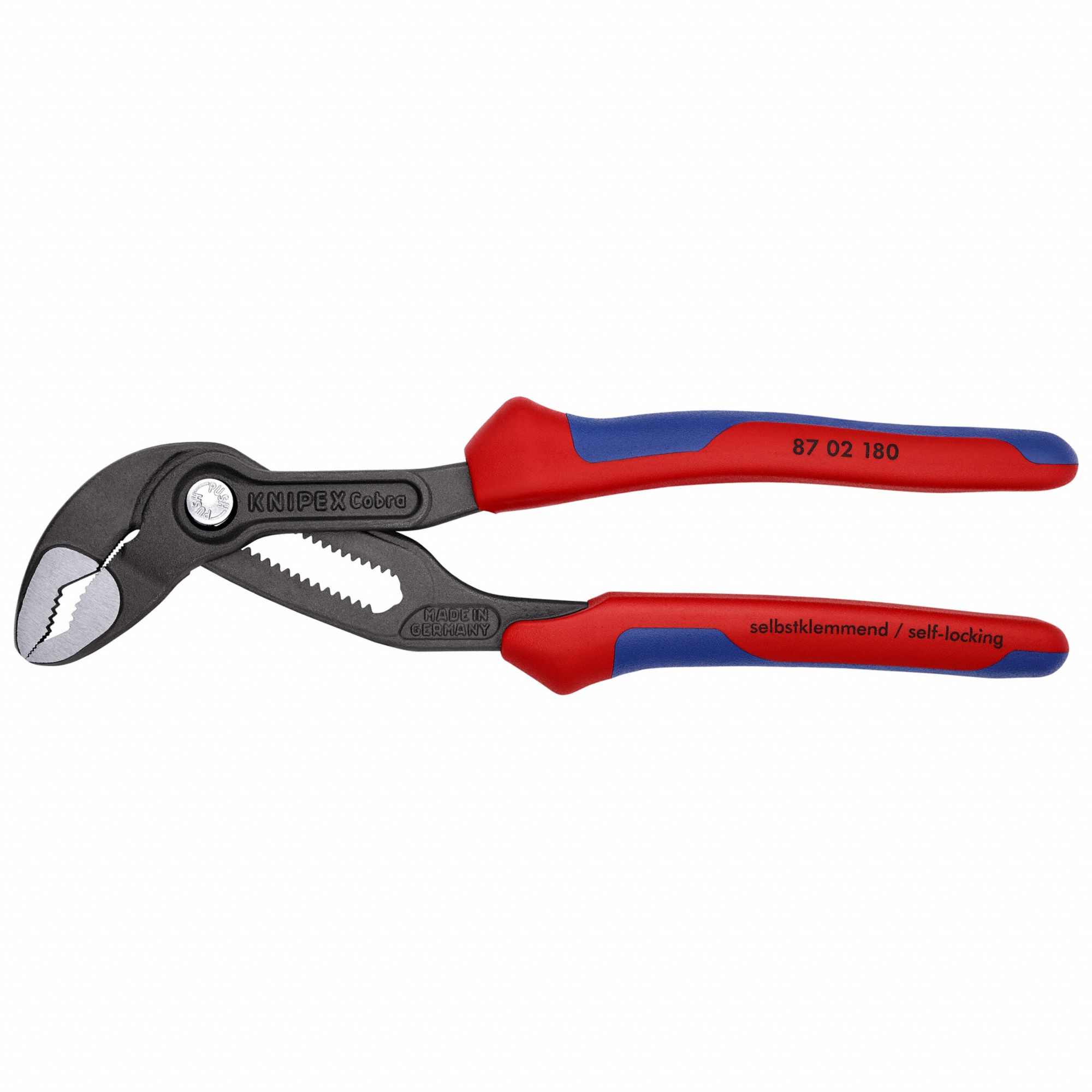 Tongue and Groove Plier: V, Push Button, 1 1/2 in Max Jaw Opening, 7 1/4 in Overall Lg, Serrated