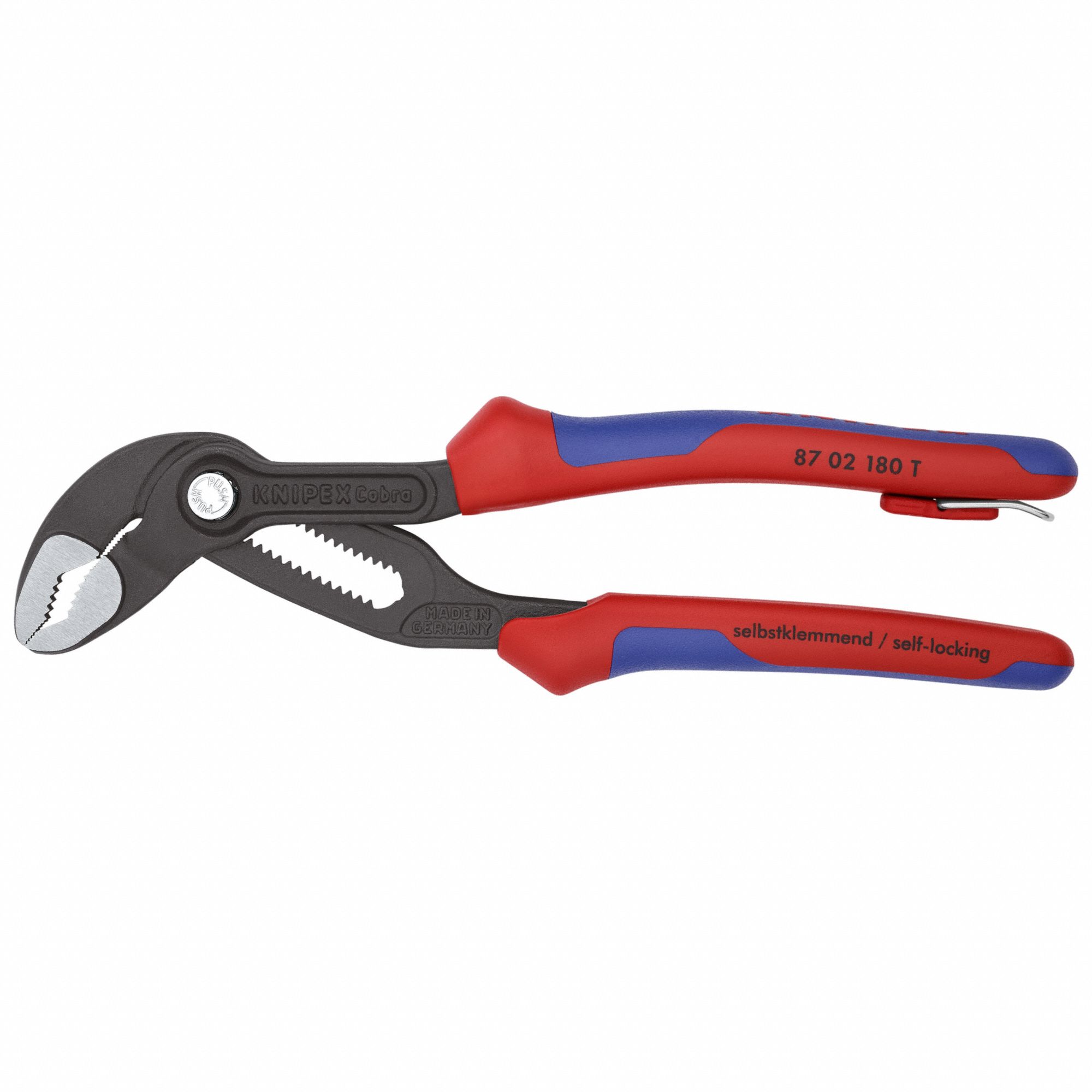 Water Pump Plier: V, Push Button, 1 1/2 in Max Jaw Opening, 7 1/4 in Overall Lg, 18 Jaw Positions