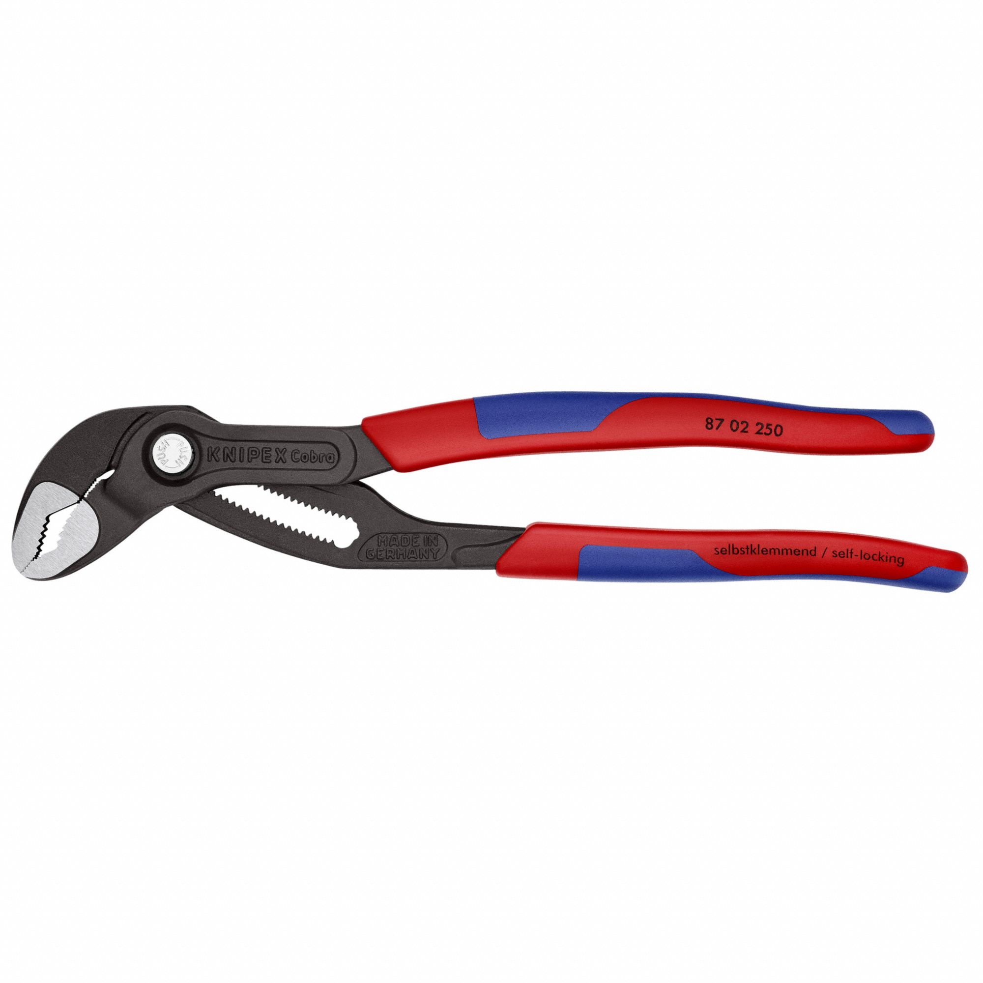 Water Pump Plier: V, Push Button, 2 in Max Jaw Opening, 10 in Overall Lg, 25 Jaw Positions, Serrated