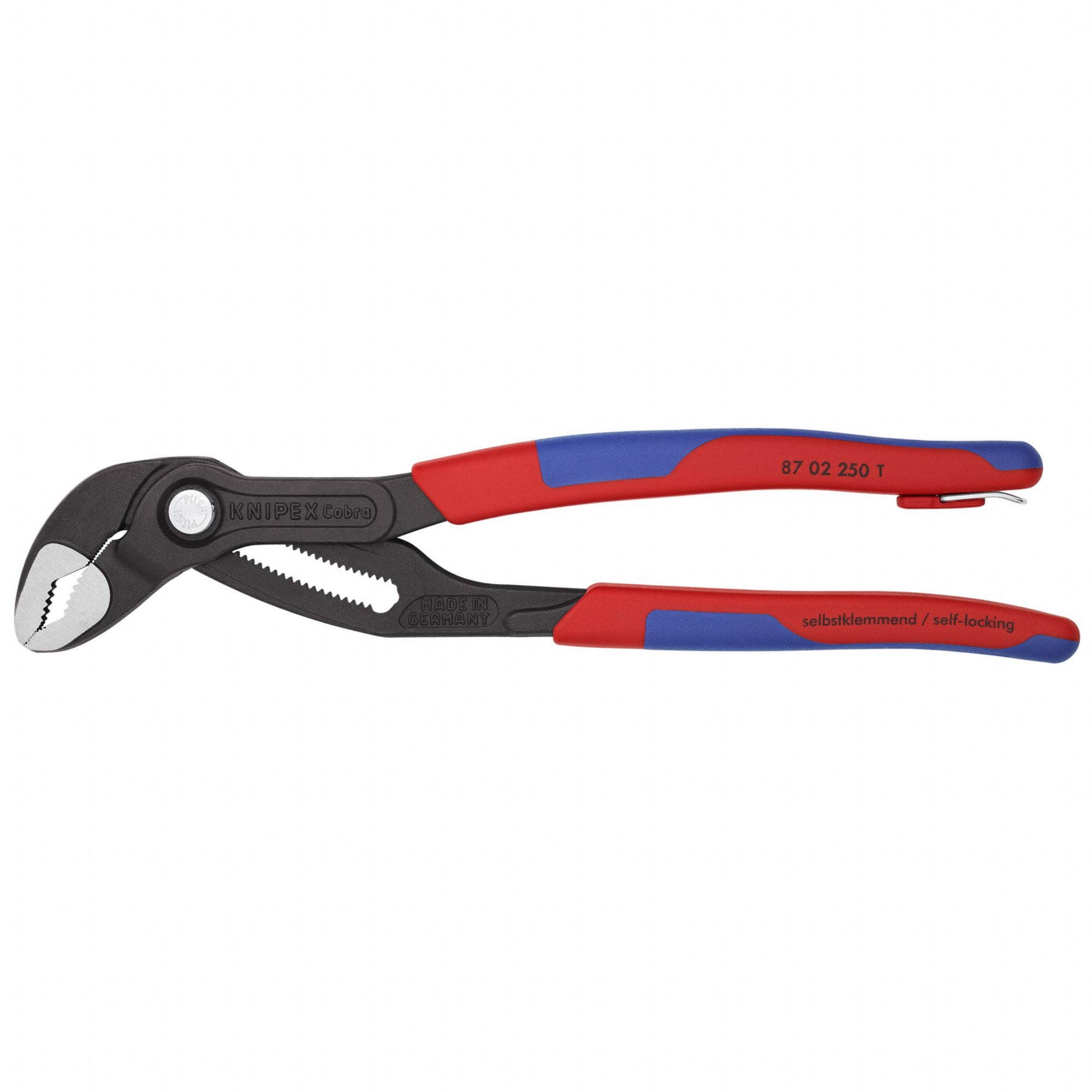 Water Pump Plier: V, Push Button, 2 in Max Jaw Opening, 10 in Overall Lg, 25 Jaw Positions, Serrated