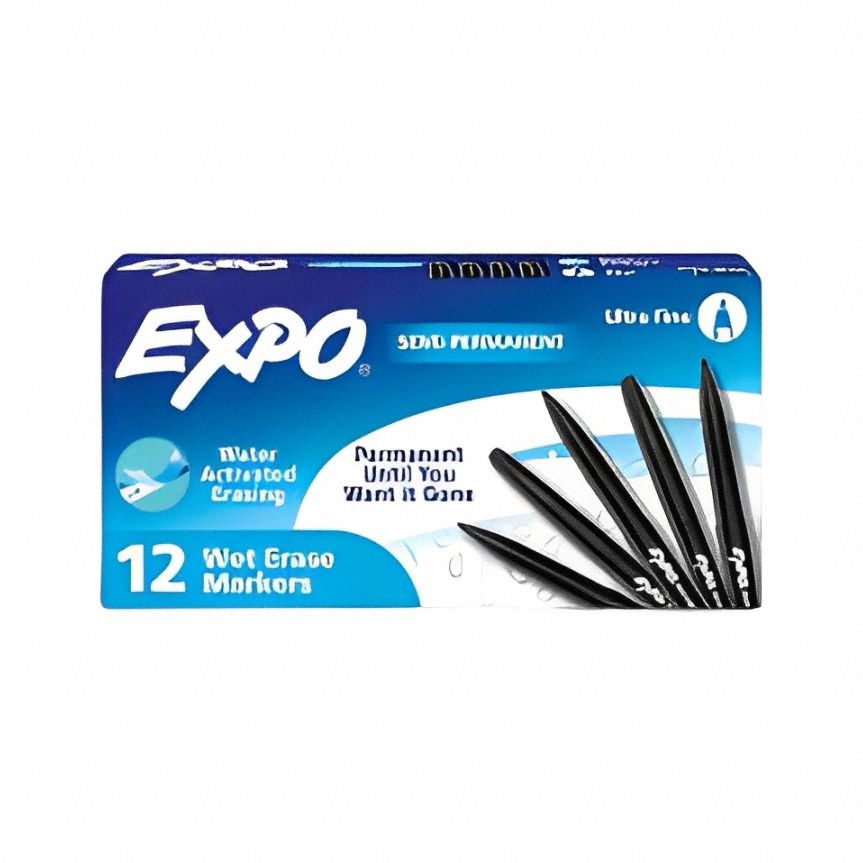 Wet Erase Marker: Black, Black, Fine, Capped, (12) Markers, Eraser Not Included, Std, 12 PK