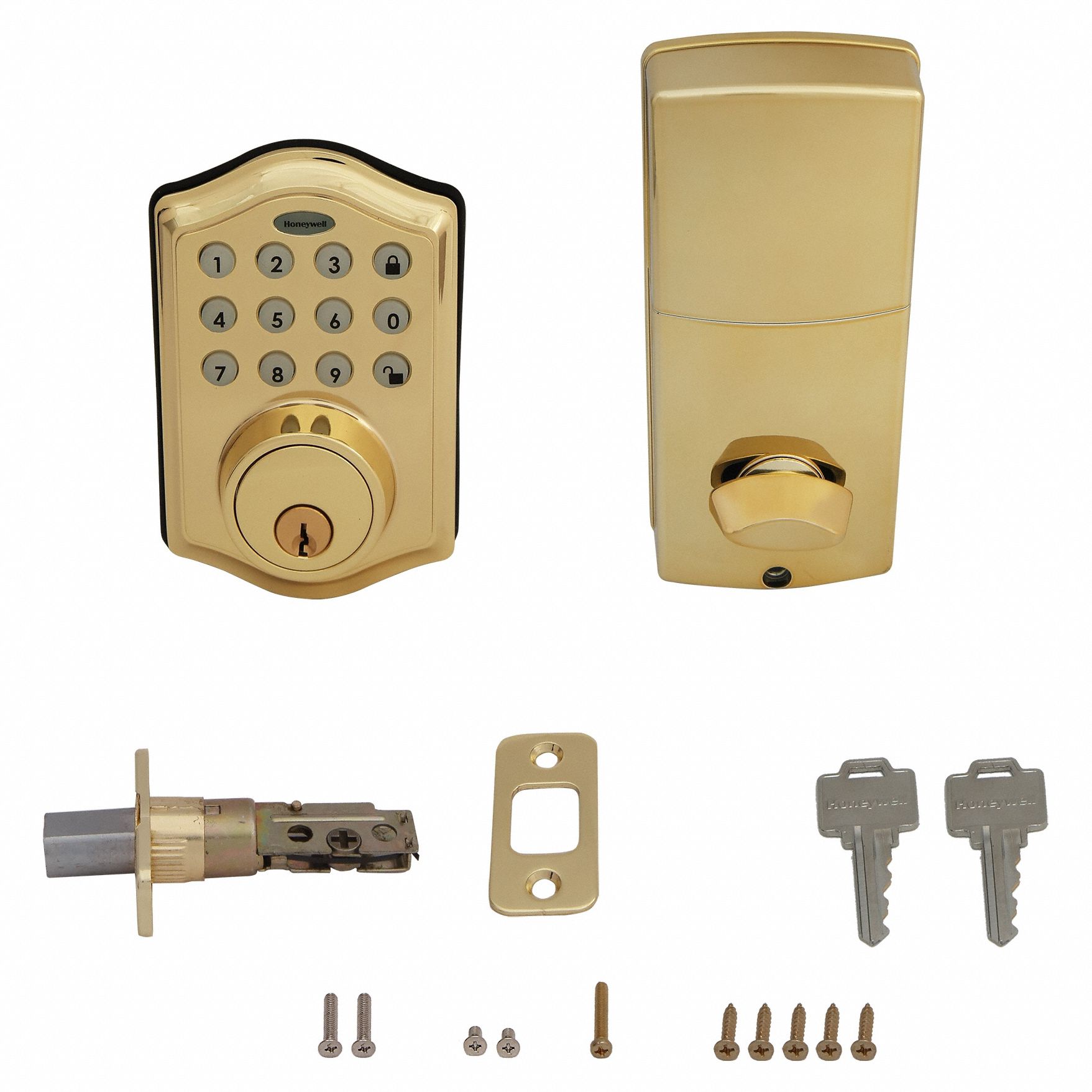Electronic Keyless Lock Bright Brass, Clear Coated, Bright Brass, Clear Coated ; Brass, Brass