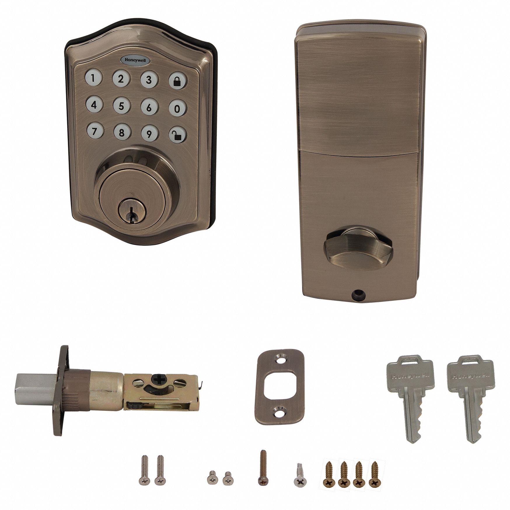 Electronic Keyless Lock: 1 3/4 in Door Thick - Max, Push Button, Bronze