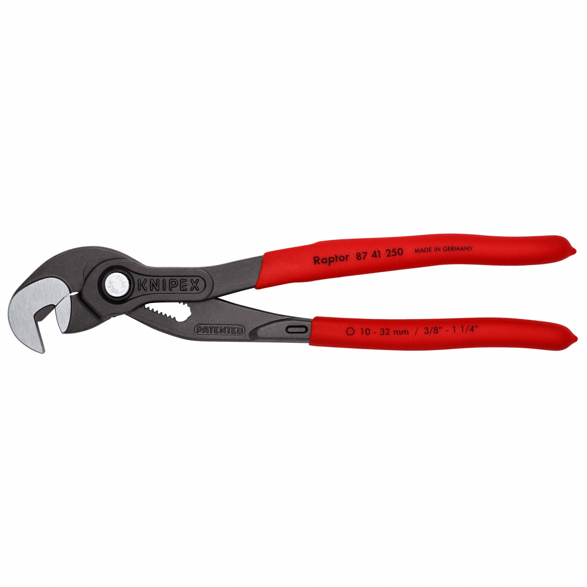 Tongue and Groove Plier: Flat, Push Button, 1 1/4 in Max Jaw Opening, 10 in Overall Lg, Smooth