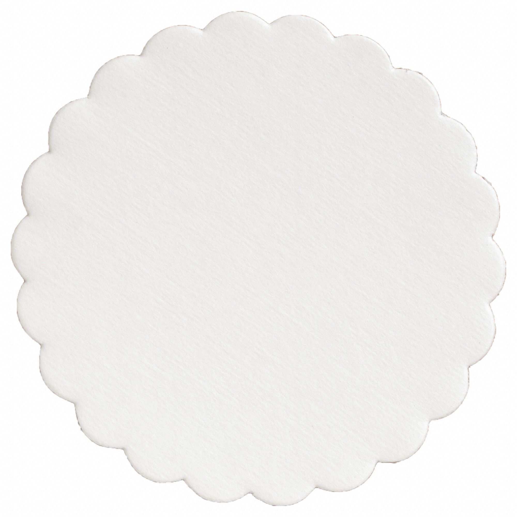 Coaster: 4 in Overall Lg, 4 in Overall Wd, White, Paper, Scalloped Edge, 4 in Dia