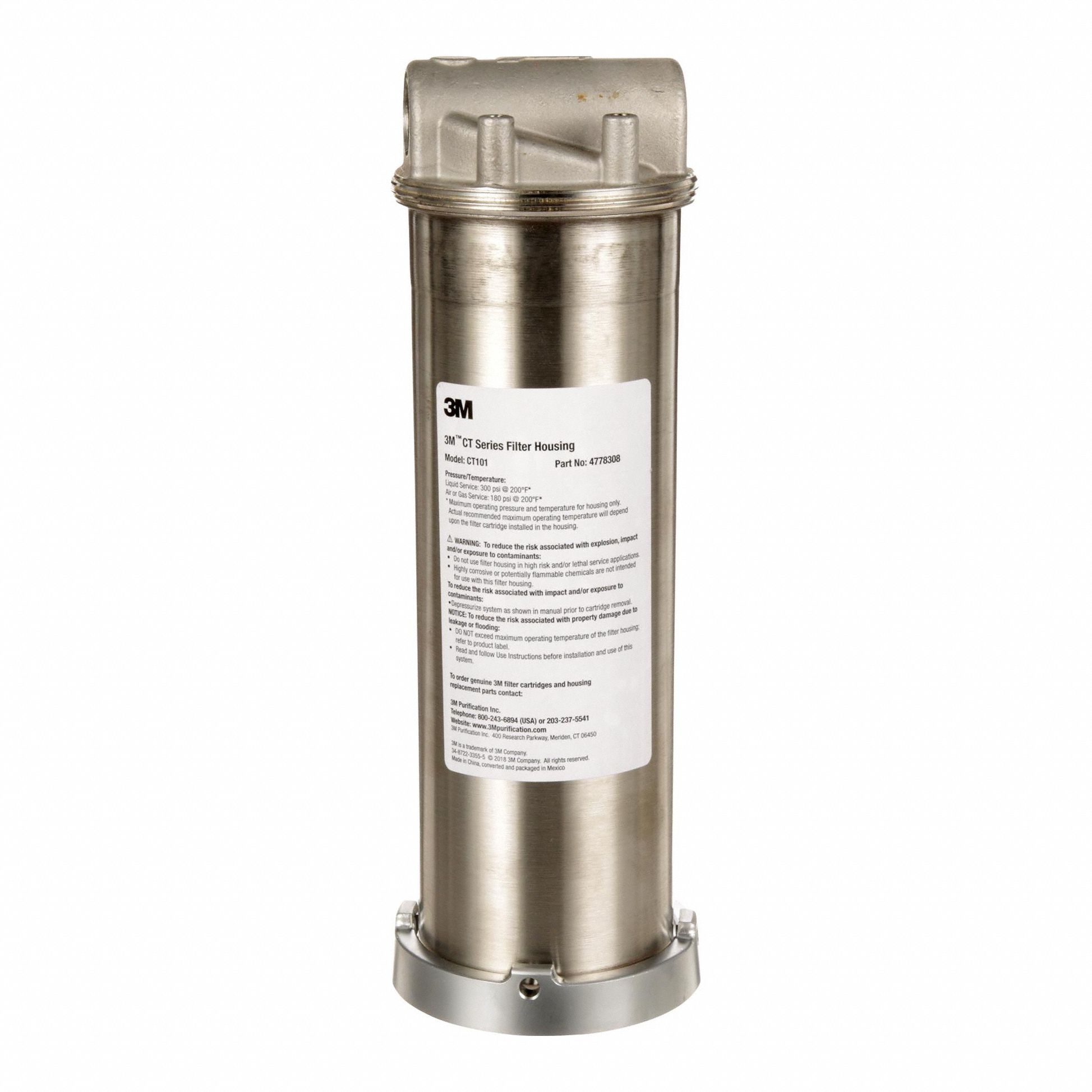 SOLVENTUM CORP DBA 3M HEALTHC Water Filter Housing: 3/4 in, NPT, 3 in Overall Dia, Silver, 16 gpm (MPN 4415208 CT101 316SS Head and Sump). Key specifications — Housing Material: 304L/316L Stainless Steel; Housing Color: Silver; Brand: SOLVENTUM CORP DBA 3M HEALTHC.