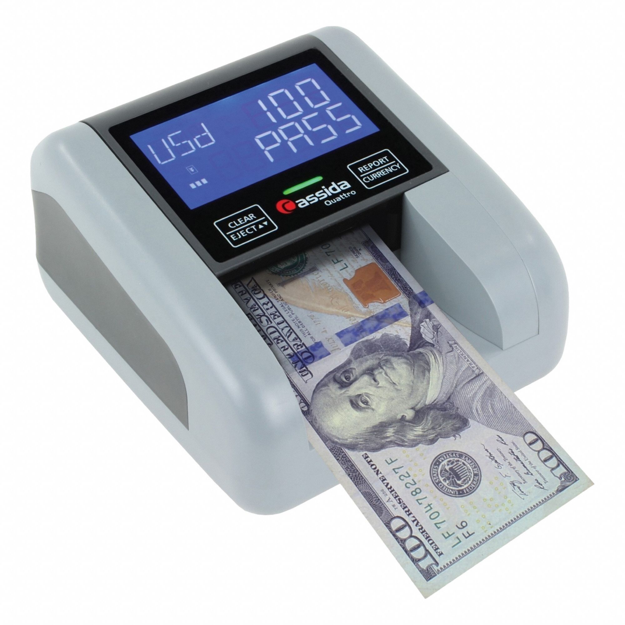UV Counterfeit Detector: Scans Cash, 110V AC, 5 1/2 in Ht, 4 7/8 in Lg, 2 7/8 in Wd, Gray, 1