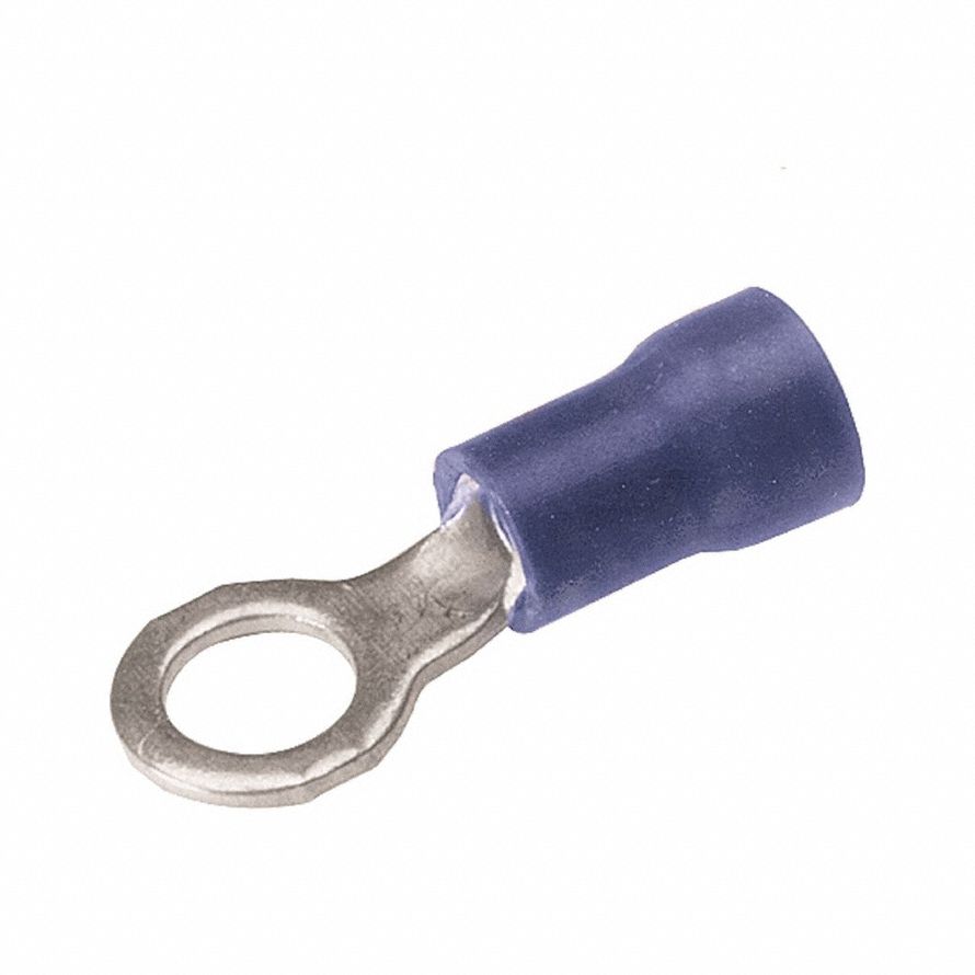 BURNDY Vinyl Ring Terminal For 16 - 14 AWG: Blue, Vinyl Insulation, 1/4 in Stud Size, 600 V (MPN TP1414). Key specifications — attr1308027: BURNDY; attr1356587: Funnel Entry.