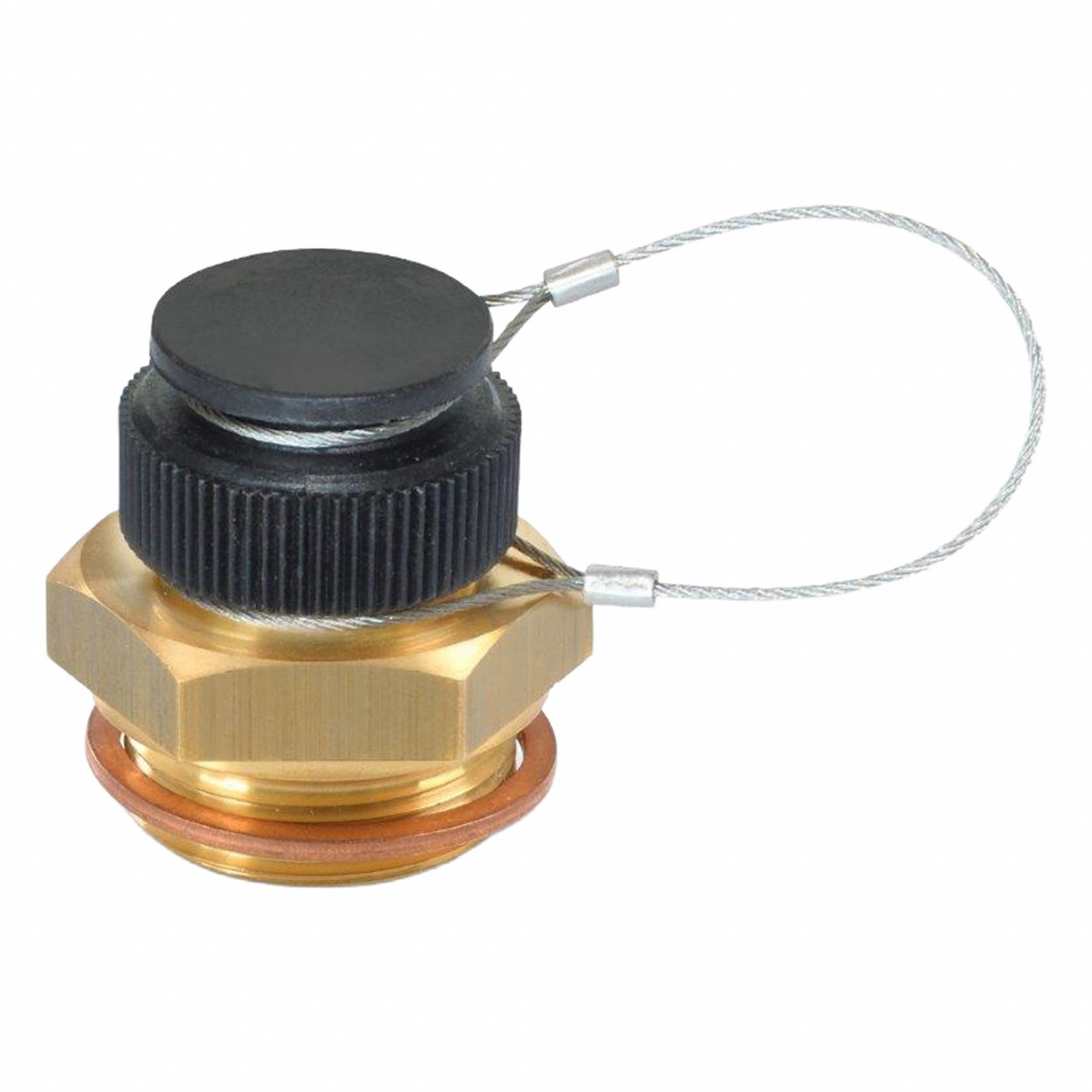 JW WINCO Fluid Drain Valve: Brass, G 1 in Mounting, M26x1.5 Valve-Fitting Thd., Max 100 bar (MPN 880-G1-MS-K). Key specifications — attr1303547: JW WINCO; attr1303572: G 1 in; attr1303557: M26x1.5; attr1303594: Plastic Cap with Stainless Steel Tether.
