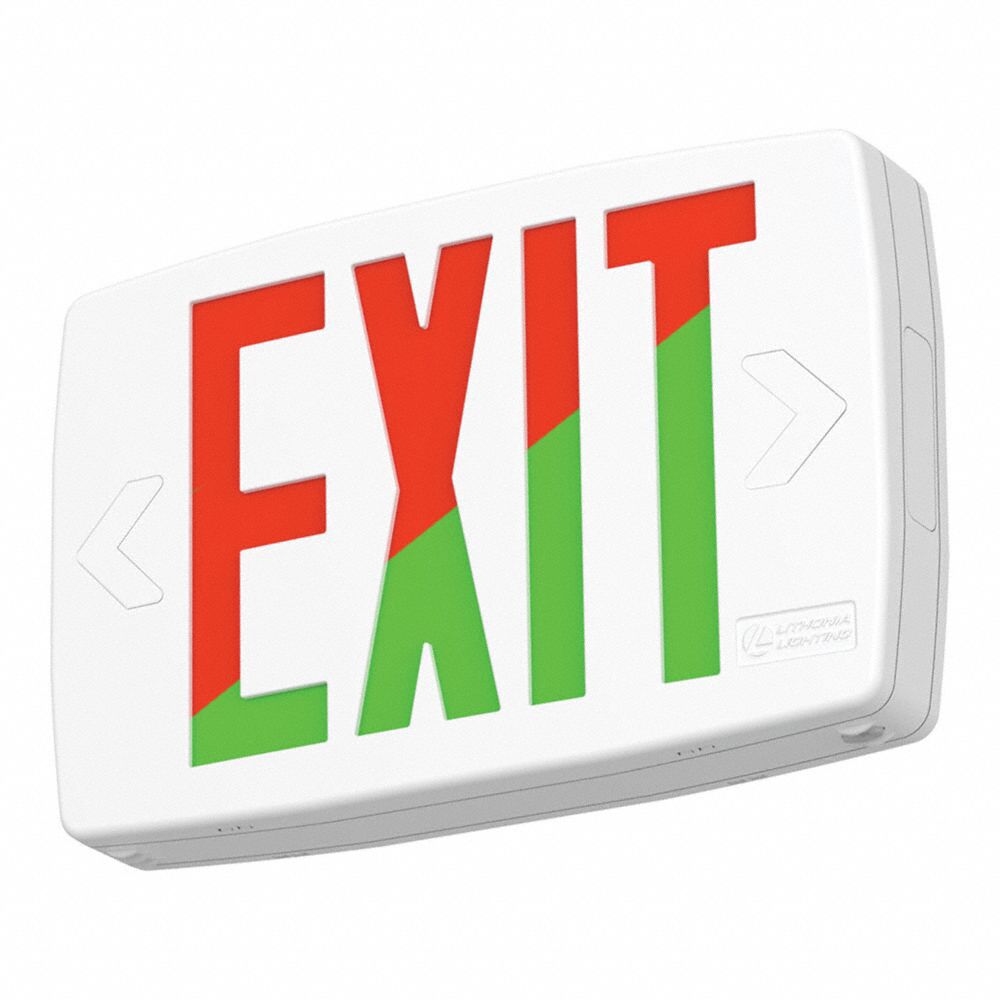 Quantum LED Exit Sign: Emergency Battery Backup, LED, White, Red/Green Switchable, 1 Faces, Ceiling (MPN LQM S W RG MVOLT EL SD M6). Key specifications — Voltage: MULTI VOLT 120-277VAC; Directional Indicators: Directional Chevrons; Text Color: Red/Green Switchable; Brand: LITHONIA LIGHTING; Emergency Battery Backup: Yes; Housing Color: White; Lighting Technology: LED; Remote Capable: No.