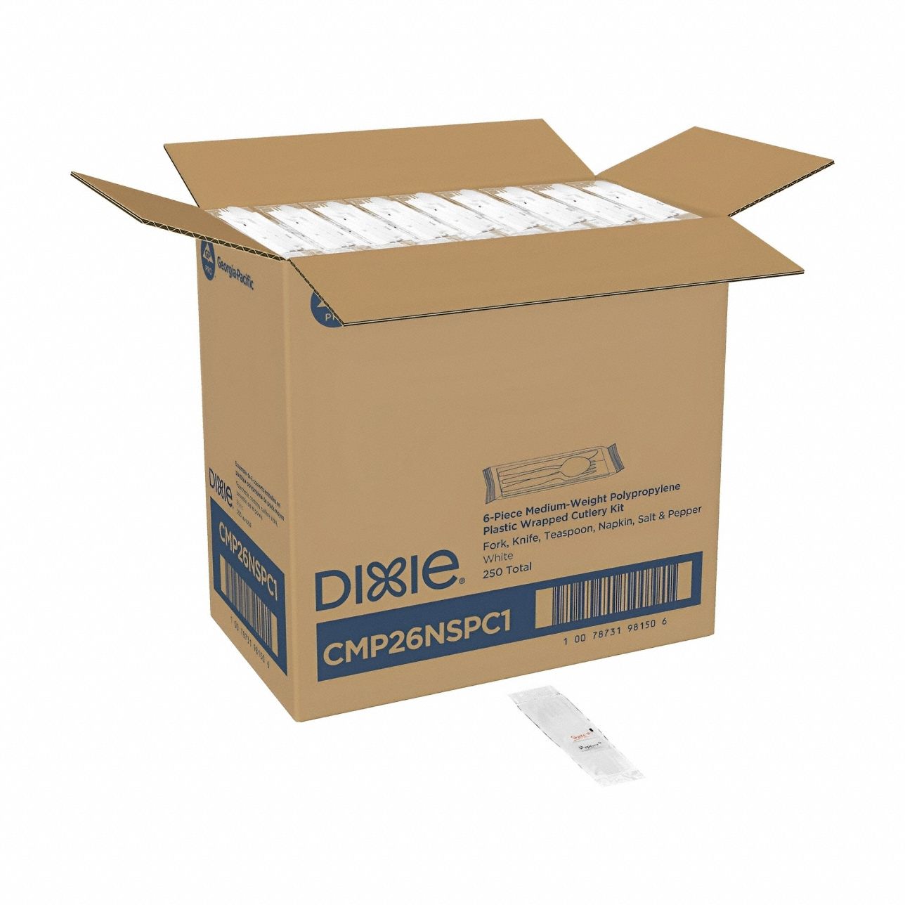 Disposable Cutlery Set: White, Plastic, Wrapped, Fork/Knife/Napkin/Salt/Pepper/Spoon