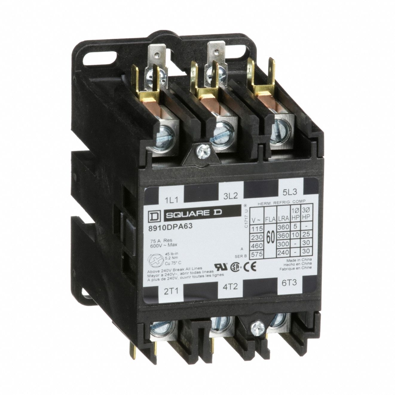 Definite Purpose Magnetic Contactor: 3 Poles, 480V AC, 60 A, Non-Reversing