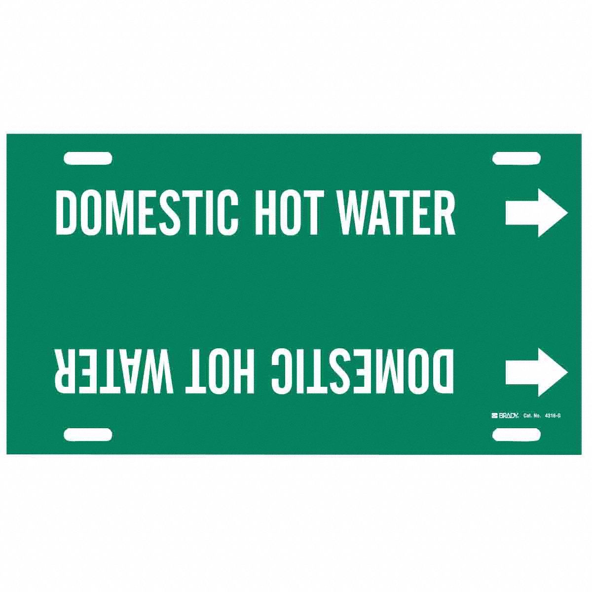 Pipe Marker: Domestic Hot Water, Green, White, Fits 8 to 9 7/8 in Pipe O.D., 1 Pipe Markers
