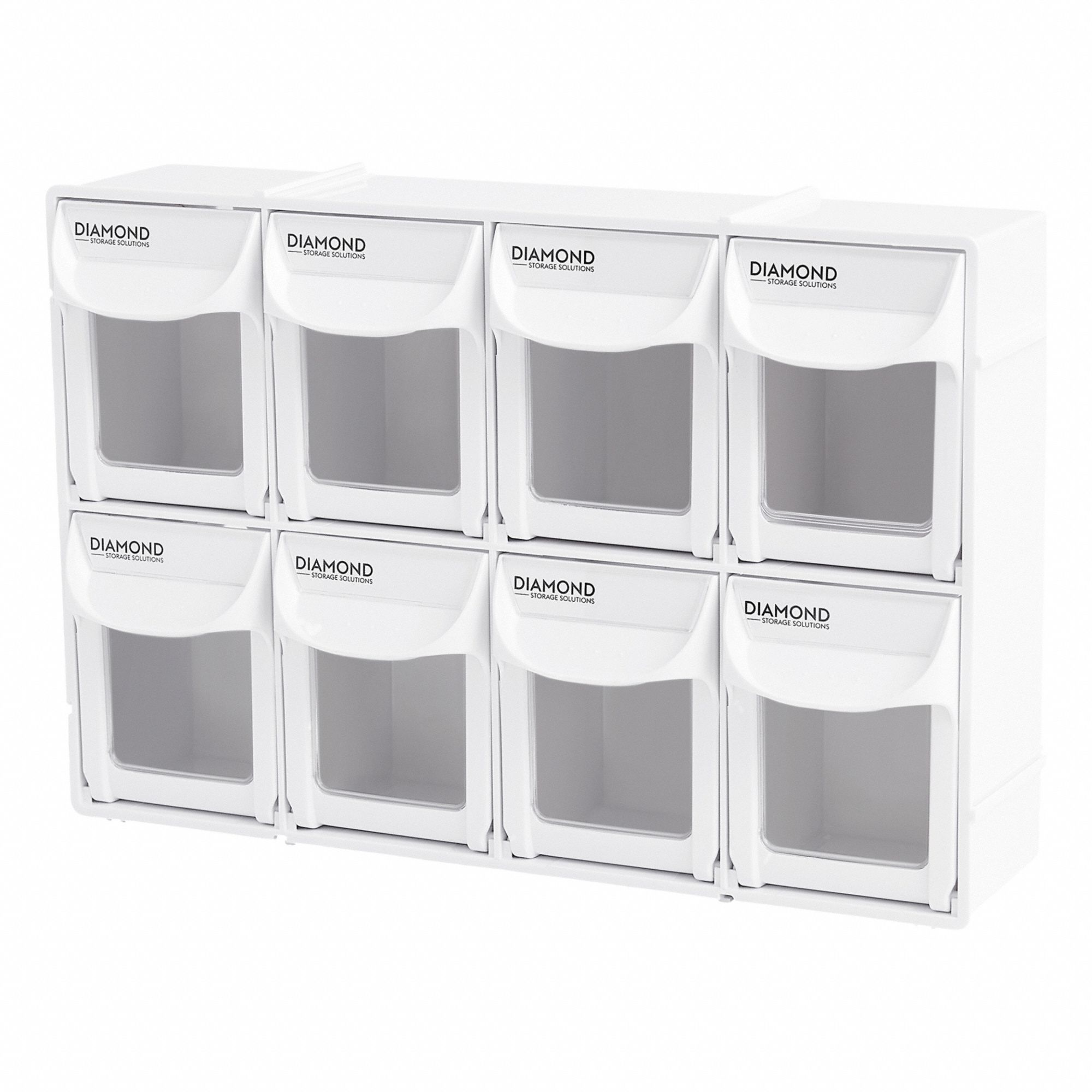 DIAMOND STORAGE SOLUTIONS Tip-Out Bin: 3 3/8 in x 11 7/8 in x 8 in, Wall, Stacking Capable, 8 Bins (MPN 3030-8-BIN-2). Key specifications — Brand: DIAMOND STORAGE SOLUTIONS.