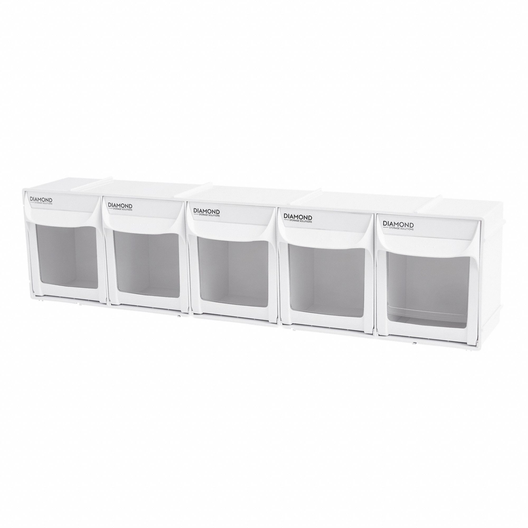 DIAMOND STORAGE SOLUTIONS Tip-Out Bin: 4 3/4 in x 23 3/4 in x 6 in, Wall, Stacking Capable, 5 Bins (MPN 3030-5-BIN-2). Key specifications — Brand: DIAMOND STORAGE SOLUTIONS.