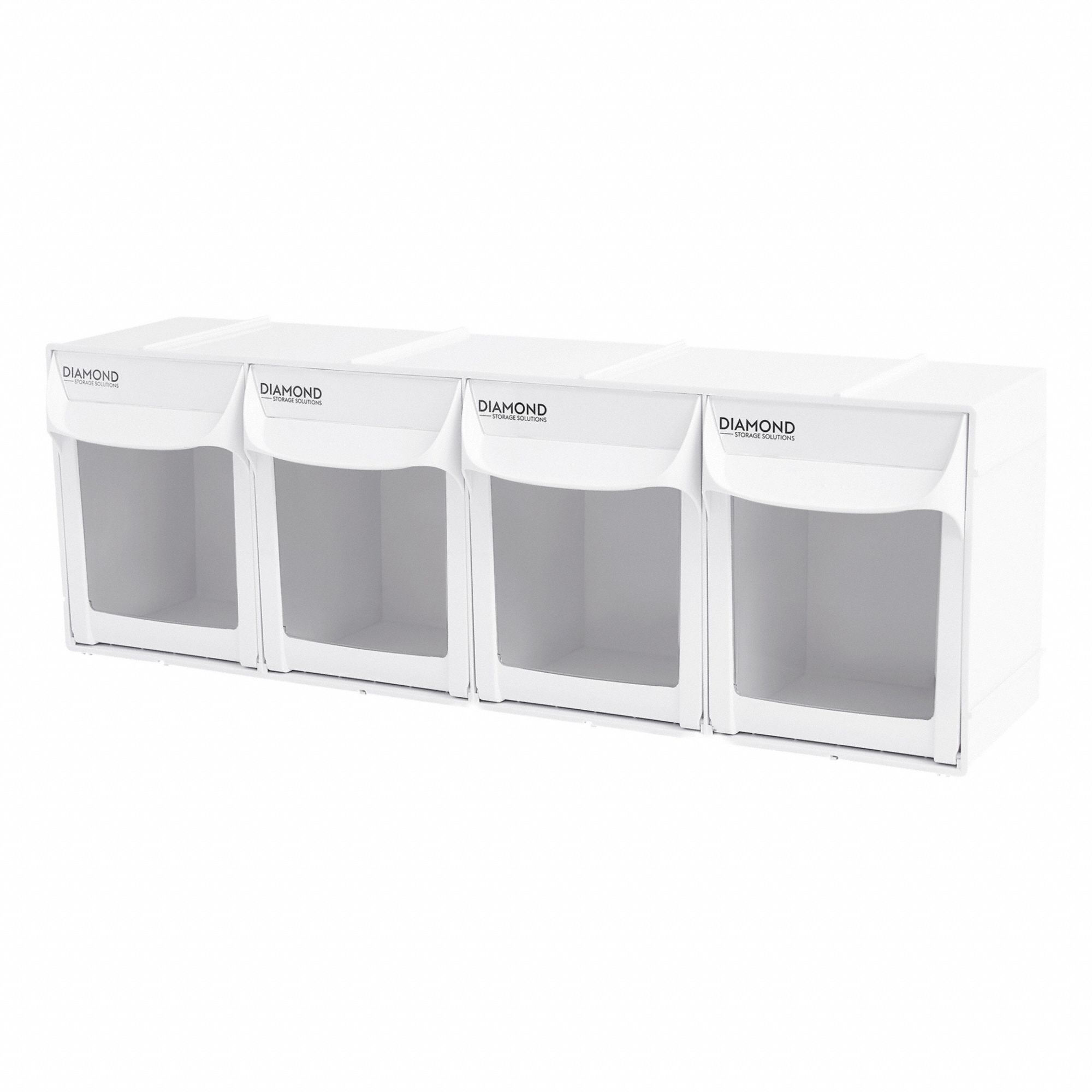 DIAMOND STORAGE SOLUTIONS Tip-Out Bin: 6 5/8 in x 23 3/4 in x 8 in, Wall, Stacking Capable, 4 Bins (MPN 3030-4-BIN-2). Key specifications — Brand: DIAMOND STORAGE SOLUTIONS.