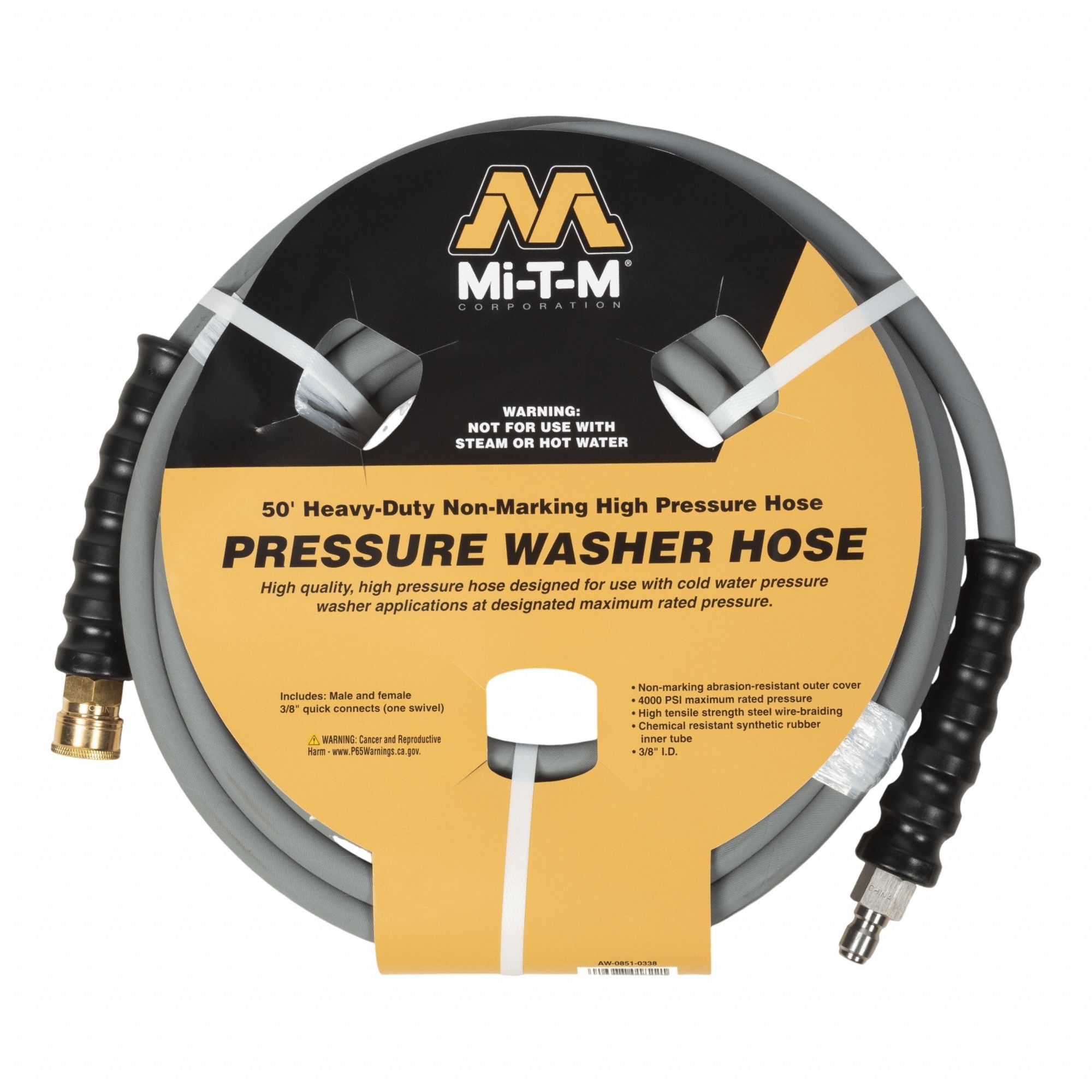 Pressure Washer Hose: 3/8 in ID, 50 ft Lg, Polyurethane, Gray, 3/8 in x 3/8 in Fitting Size