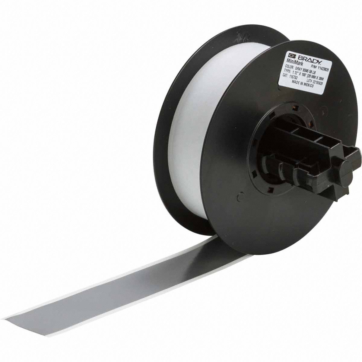 Continuous Label Stock: 1 1/8 in x 100 ft, Vinyl, Gray (Gloss), Outdoor