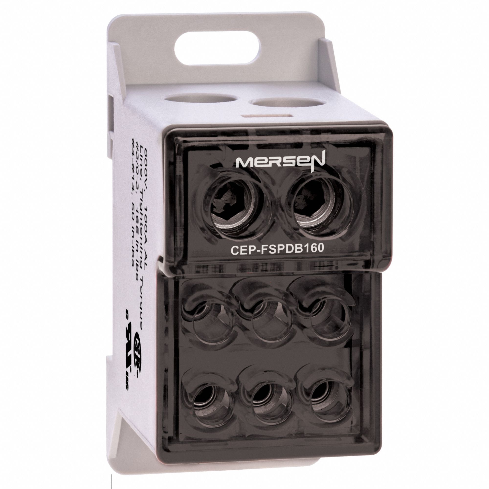 MERSEN Power Distribution Block: Finger-Safe, Lug, Lug, 10 AWG – 2/0 AWG For Line Side Wire Sizes (MPN CEP-FSPDB160). Key specifications — Mounting Type: Surface; Brand: MERSEN; For Conductor Material: Aluminum.