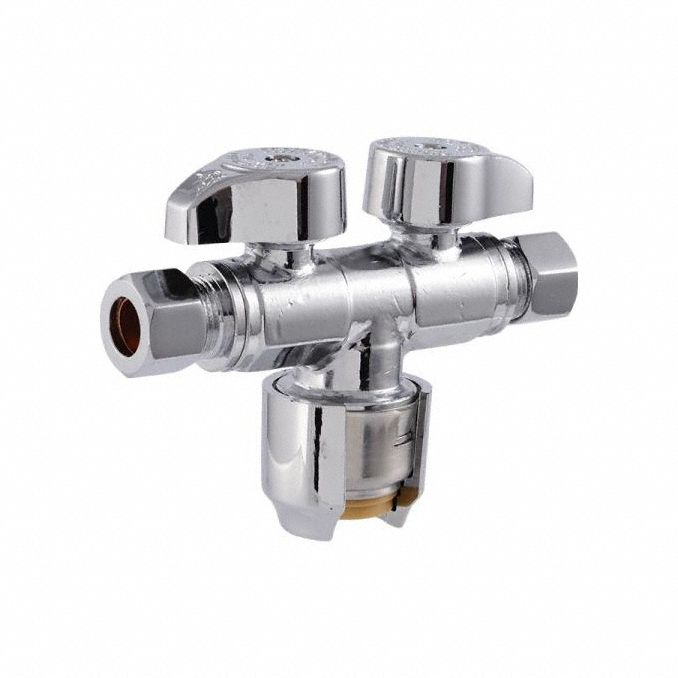 Push-to-Connect: 1/2 in, 3/8 in Compression, Chrome-Plated Brass, Tee Body, 1/4-Turn, Oval
