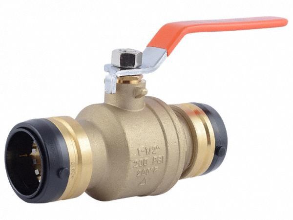 Quarter-Turn Ball Valve: Brass, Straight, Push x Push, 400 psi Max. Pressure (CWP), Lever