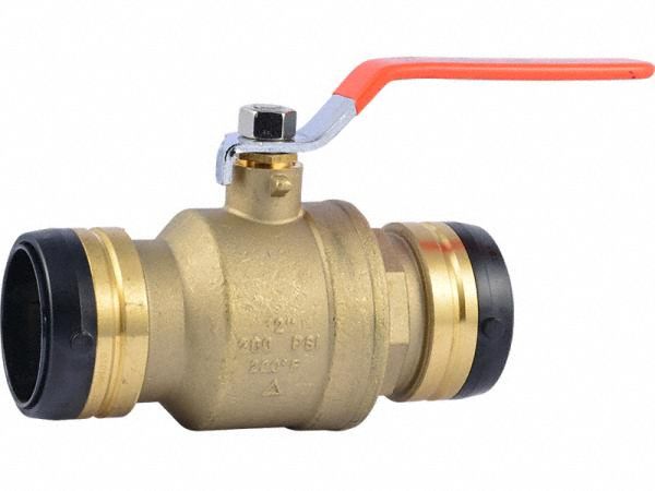 Quarter-Turn Ball Valve: Brass, Straight, Push x Push, 400 psi Max. Pressure (CWP), Lever