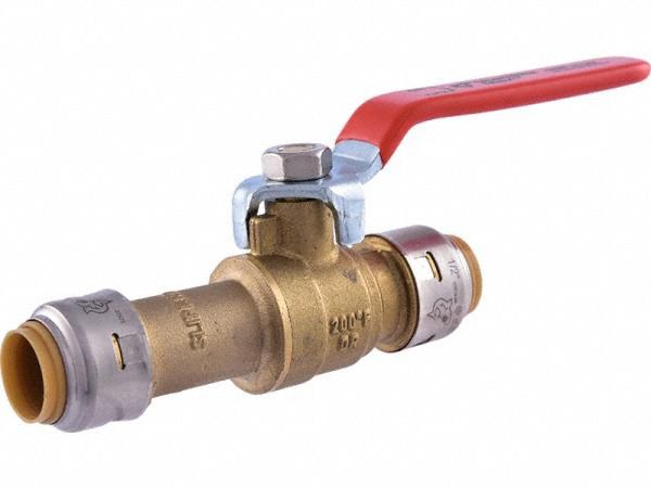 Turn Ball Valve: Brass, Straight, Push x Push, 400 psi Max. Pressure (CWP), One-Piece, Red