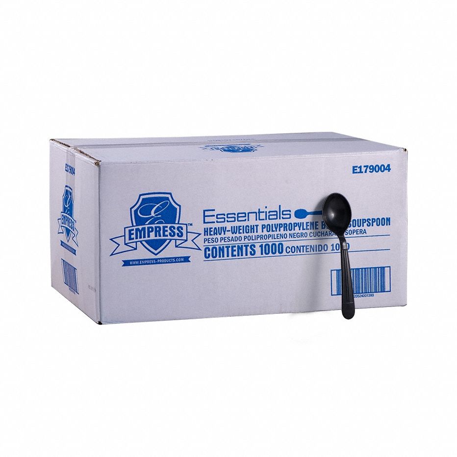 Disposable Soup Spoon: Black, Heavy-Wt, Plastic, Unwrapped, 1, 000 PK