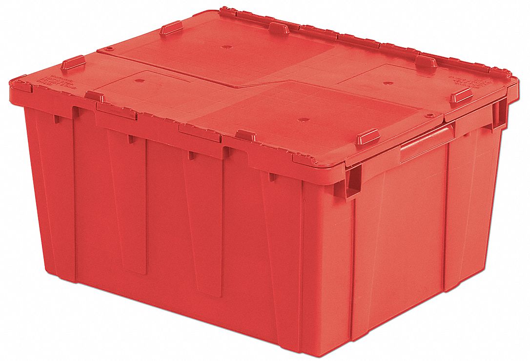 Attached Lid Tote: 20.2 gal, 23 7/8 in x 19 5/8 in x 12 5/8 in, Red Body, Red Lid, Plastic