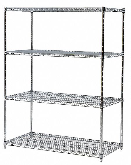 Wire Shelving Unit: Starter, 60 in x 24 in, 63 in Overall Ht, 4 Shelves, Split Sleeve, Dry