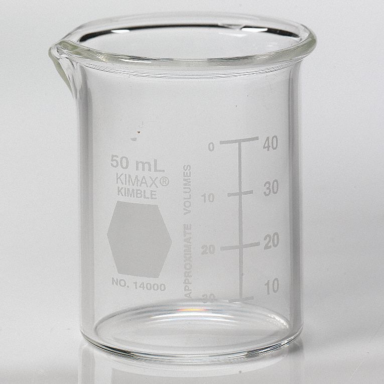 Beaker: Borosilicate Glass, Low Form, 50 mL Capacity - mL, 1.69 fl oz Capacity - oz, A, Autoclavable