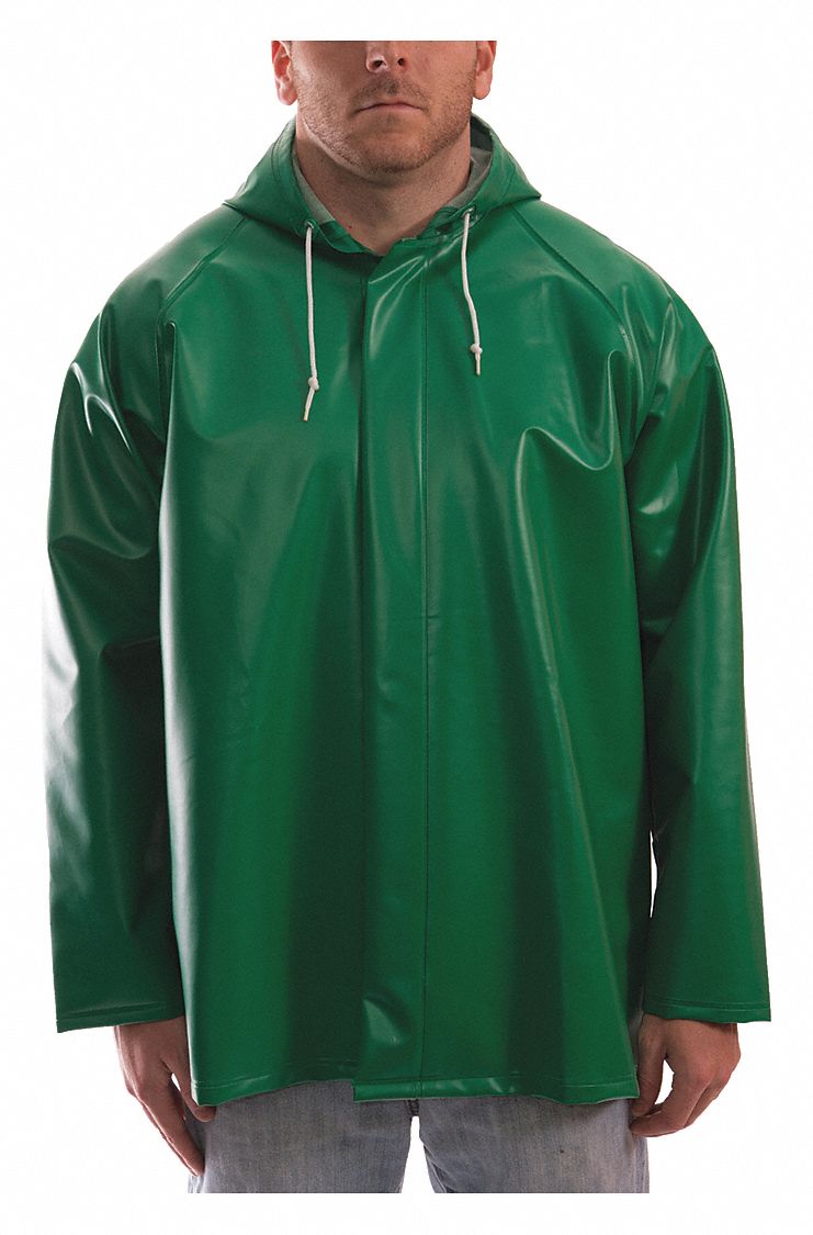 FLAME-RESISTANT RAIN JACKET, S, GREEN, SNAPS WITH STORM FLAP, ATTACHED HOOD