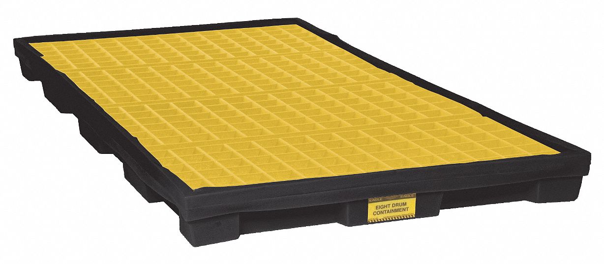 SPILL PALLET, 8 DRUM, UNCOVERED, HI DENSITY, YELLOW, 51 1/2 X 103 X 6 1/2 IN, POLYETHYLENE